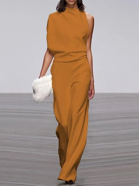 Women's Jumpsuit With Round Neckline, Sleeveless And Wide Leg