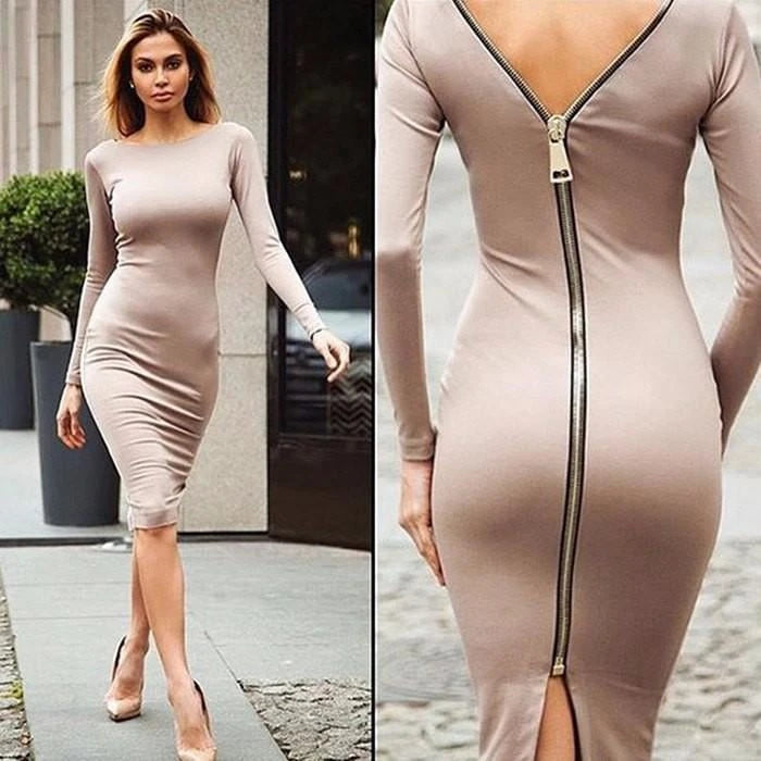 Chalkulong-Sleeved Pencil Dress With Back Zipper