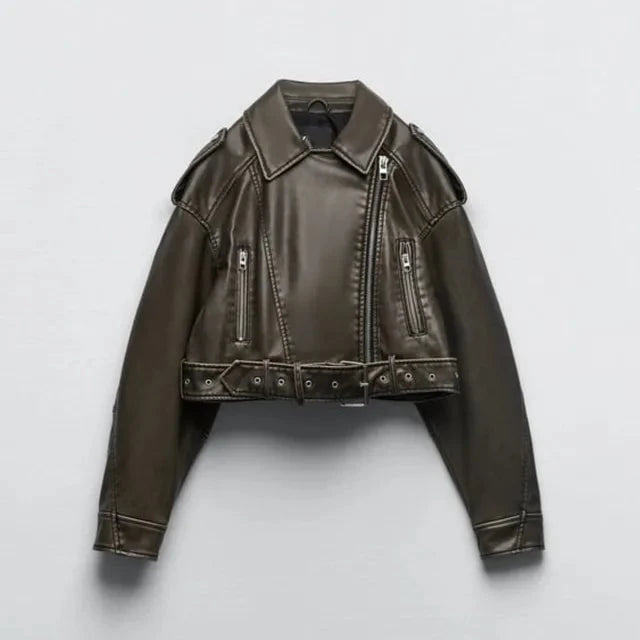 Women's Cropped Faux Leather Biker Jacket With Tailored Waist