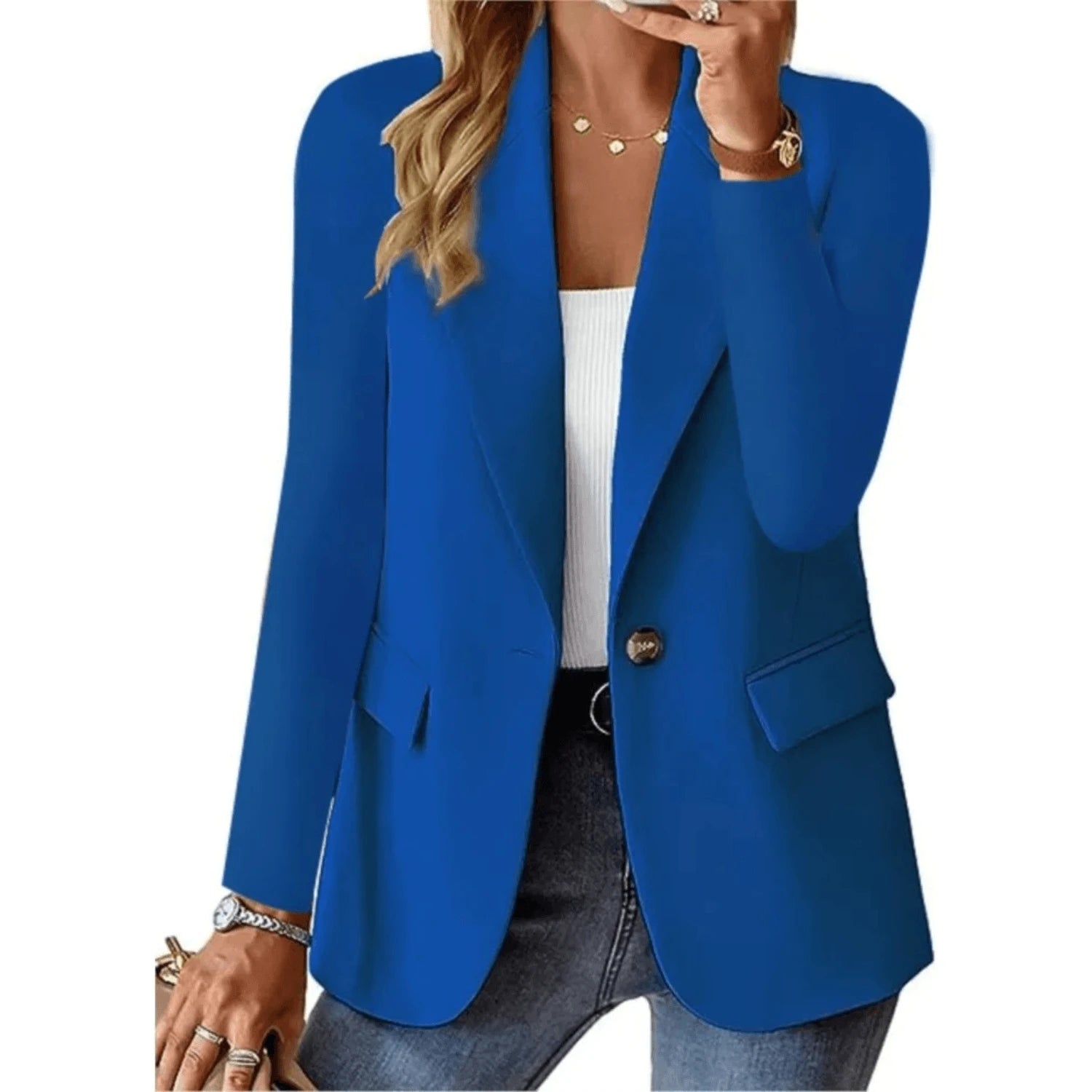 Solid Women's Blazer With Long Sleeves and Narrow Pocket Buckle