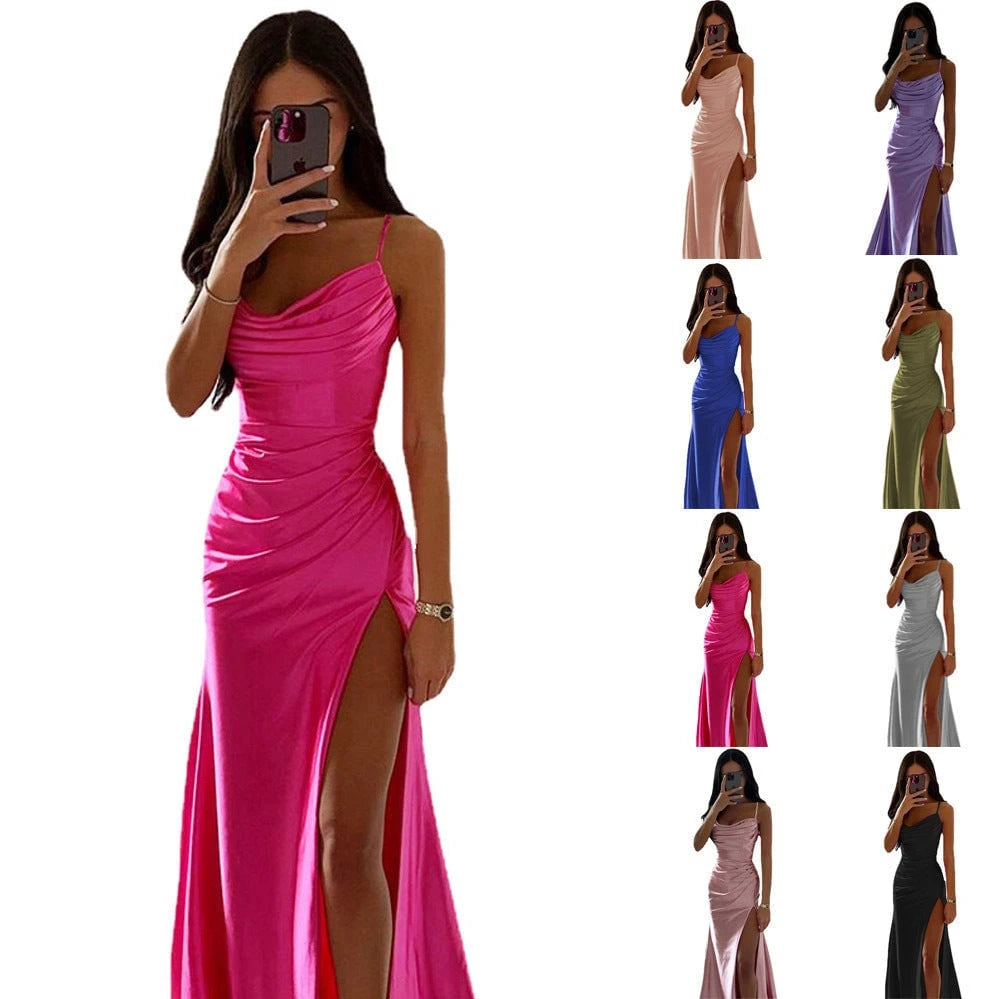 Lacing Pleats Slit Satin Slim Fit Bodycon Dress