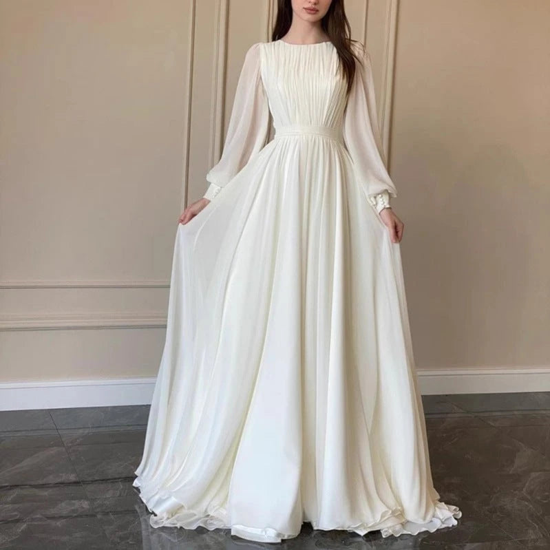 Transparent White Wedding Dress Round Neck Long Sleeve Dress