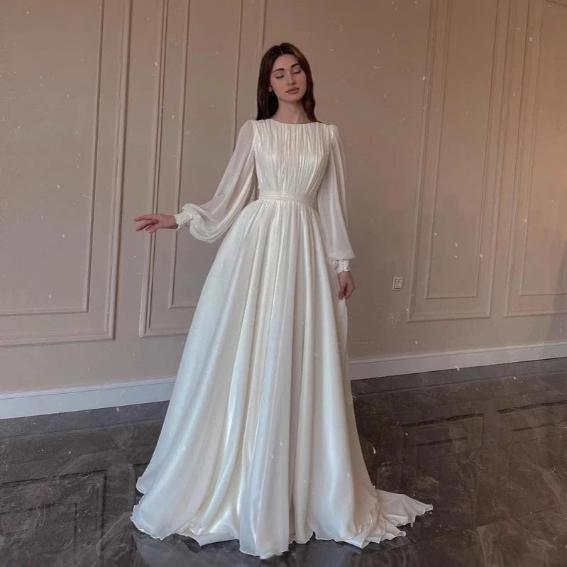 Transparent White Wedding Dress Round Neck Long Sleeve Dress