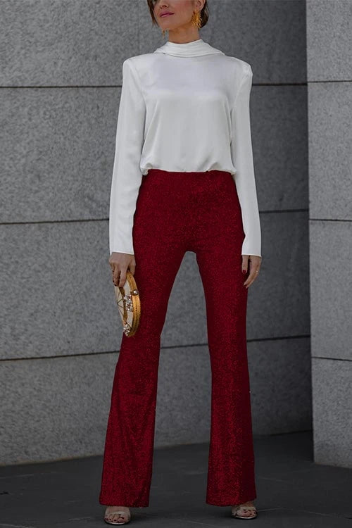 Elastic Waist Bell Bottoms Stretch Sequin Pants