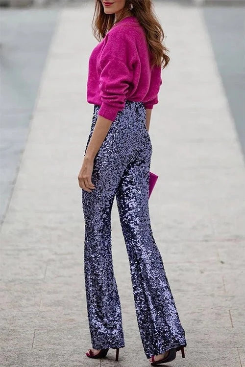 Elastic Waist Bell Bottoms Stretch Sequin Pants