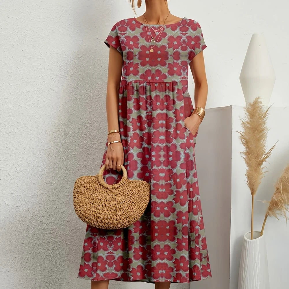Short-sleeved, Loose-fitting Midi Dress With Round Neck
