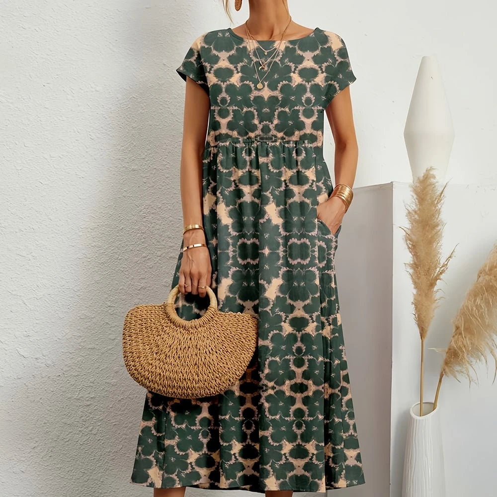 Short-sleeved, Loose-fitting Midi Dress With Round Neck