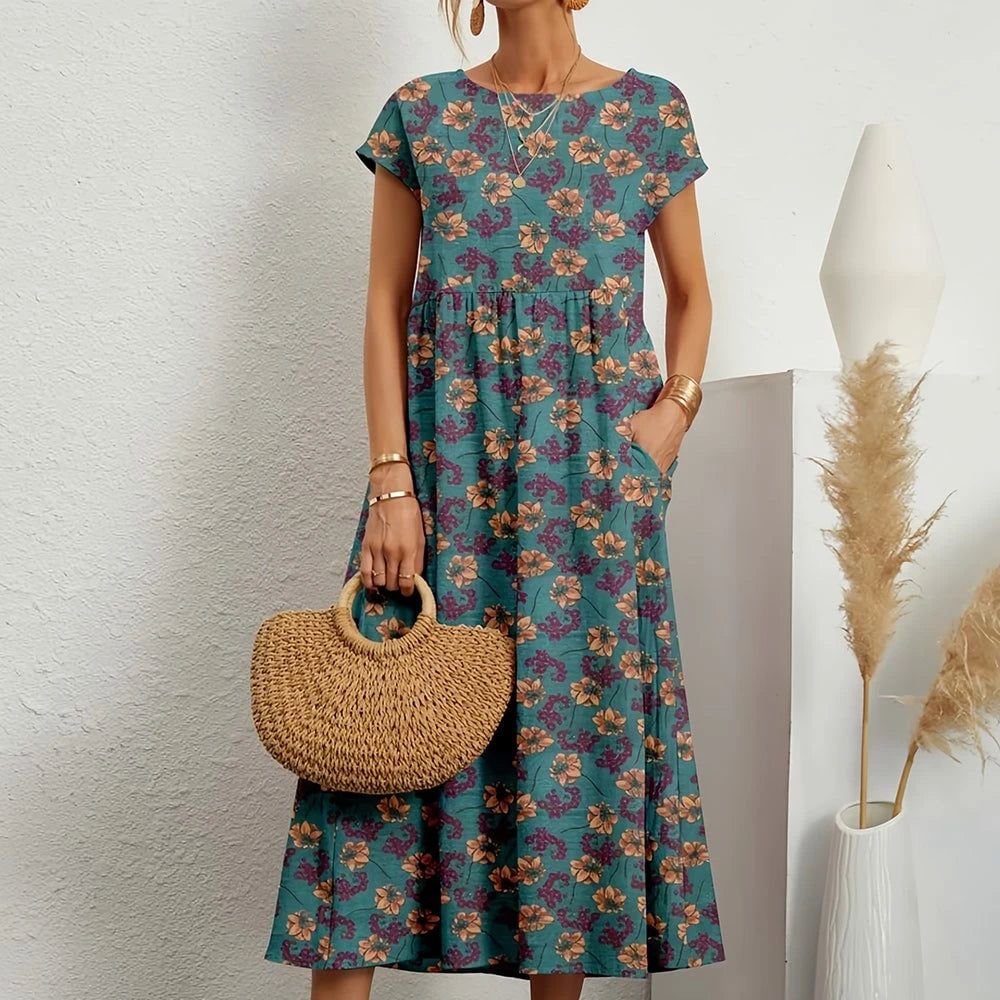 Short-sleeved, Loose-fitting Midi Dress With Round Neck