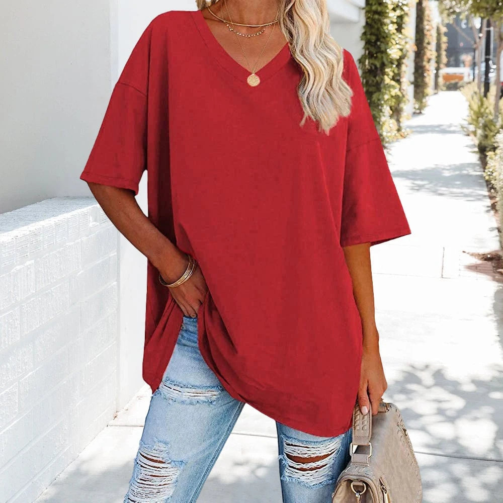 Solid New Women's T-shirt Made of Cotton With V-neck