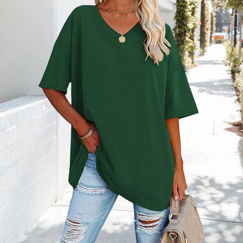 Solid New Women's T-shirt Made of Cotton With V-neck