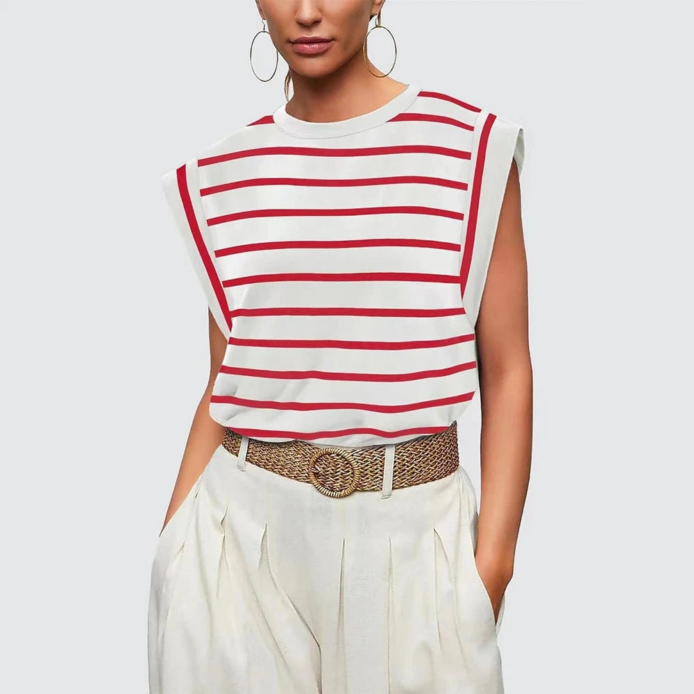 Women Spring and Summer Round Neck Sleeveless T-shirt
