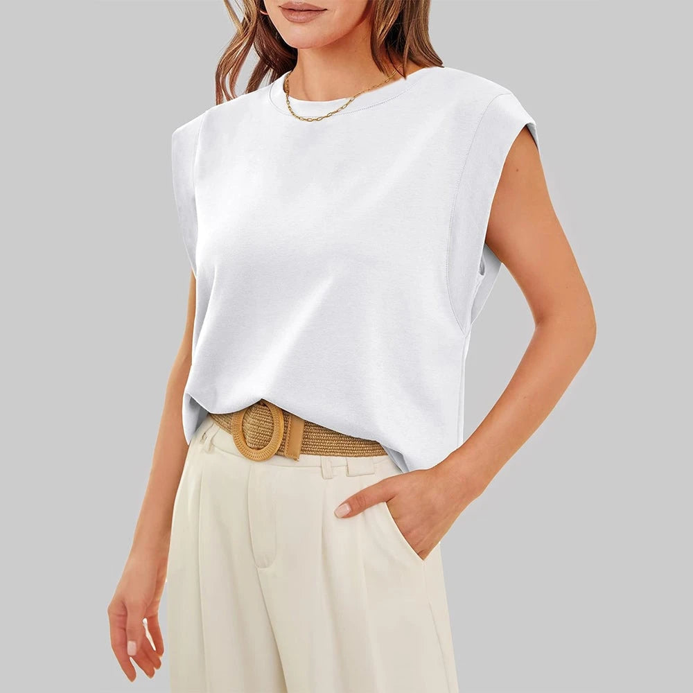 Women Spring and Summer Round Neck Sleeveless T-shirt