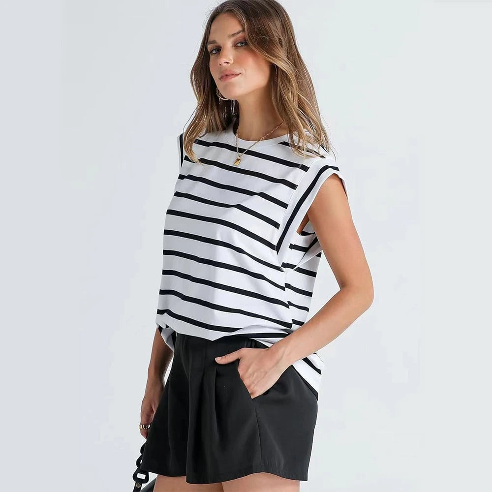 Women Spring and Summer Round Neck Sleeveless T-shirt