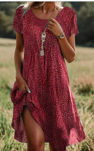 Short-sleeved Green Mini Dress With Dots