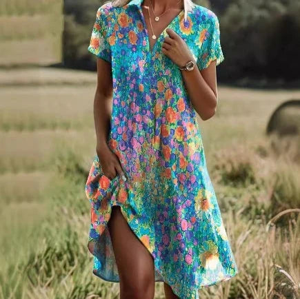 Short-sleeved Green Mini Dress With Dots
