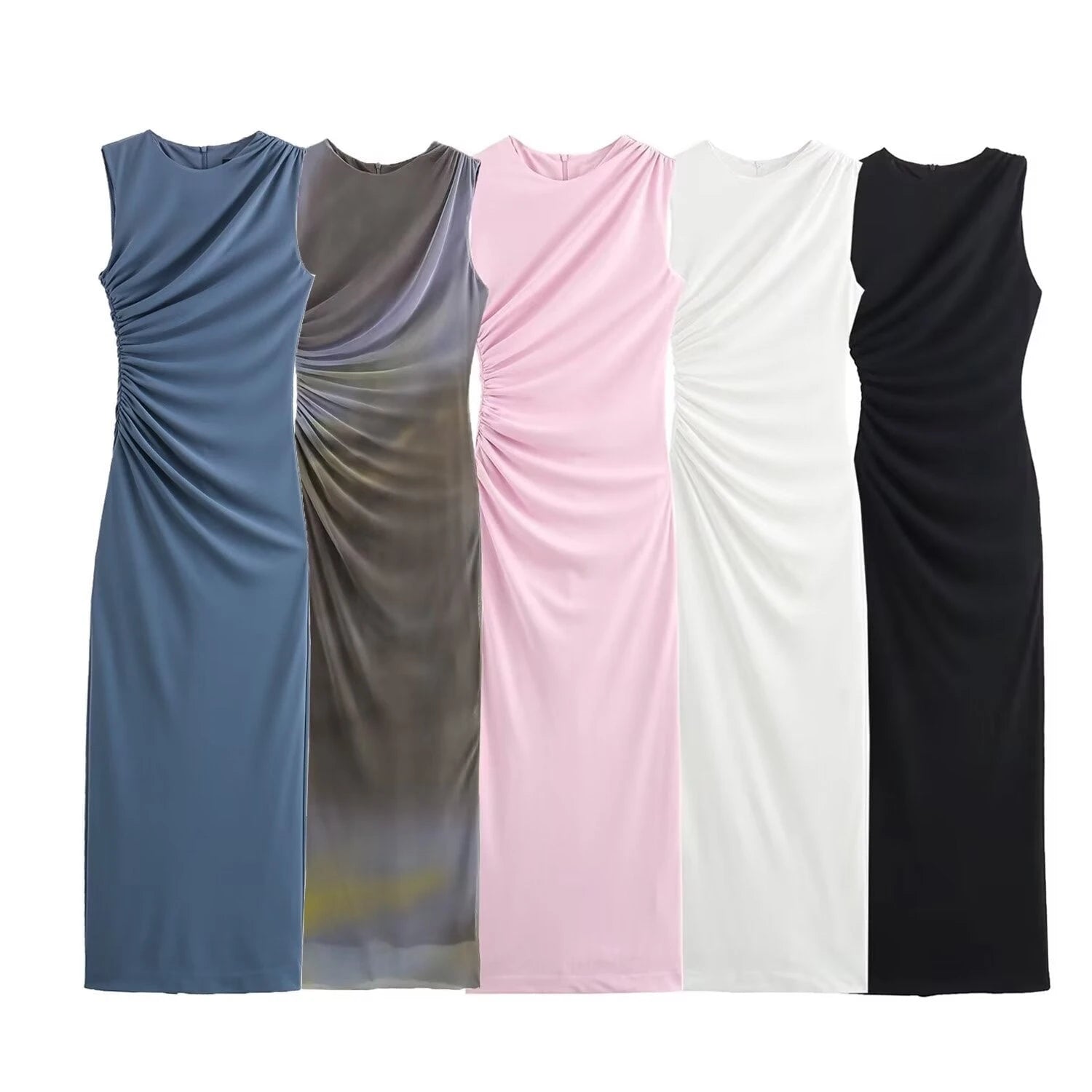 Solid Round Neck Sleeveless Folding Slim Fit Dress