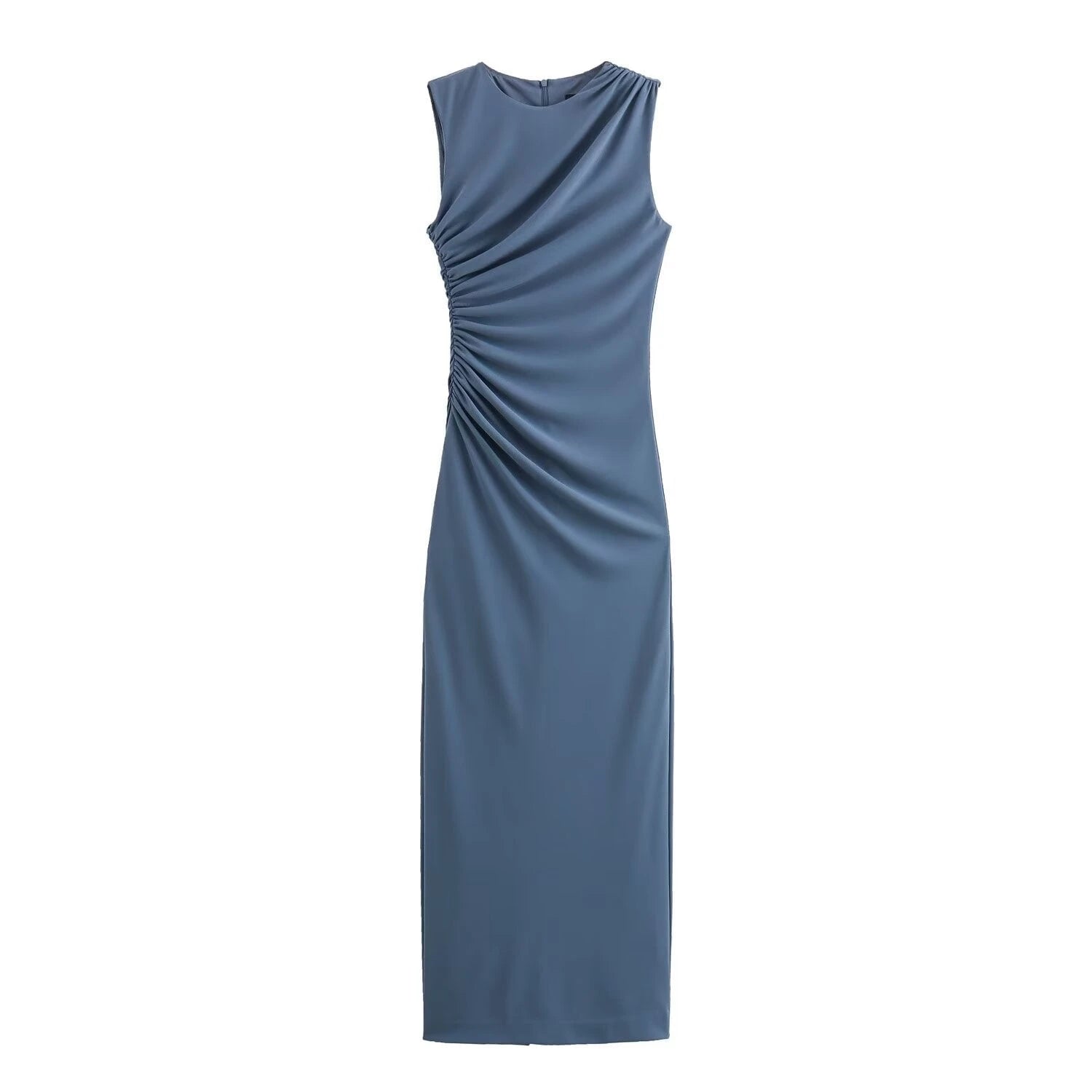 Solid Round Neck Sleeveless Folding Slim Fit Dress