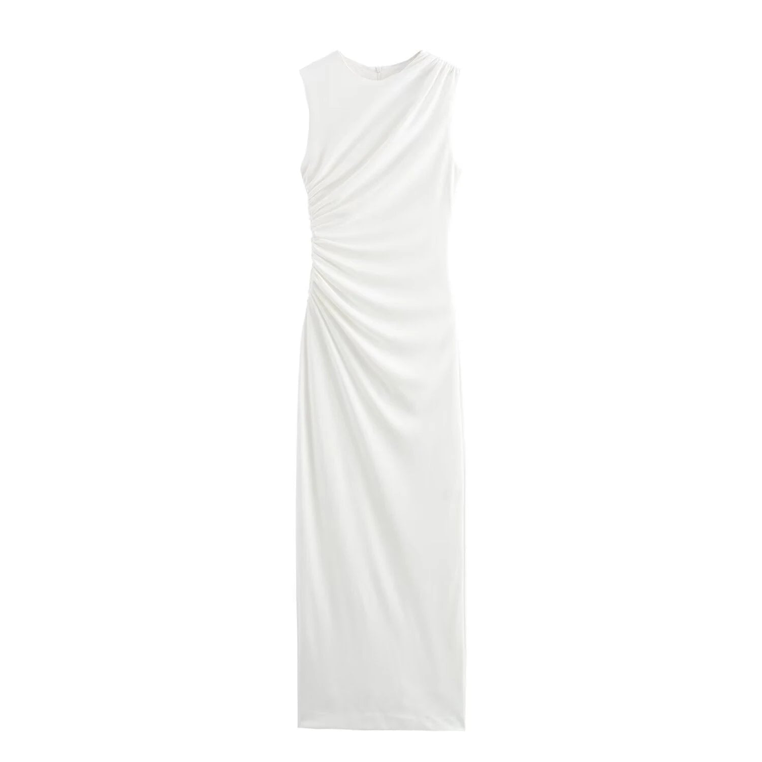 Solid Round Neck Sleeveless Folding Slim Fit Dress