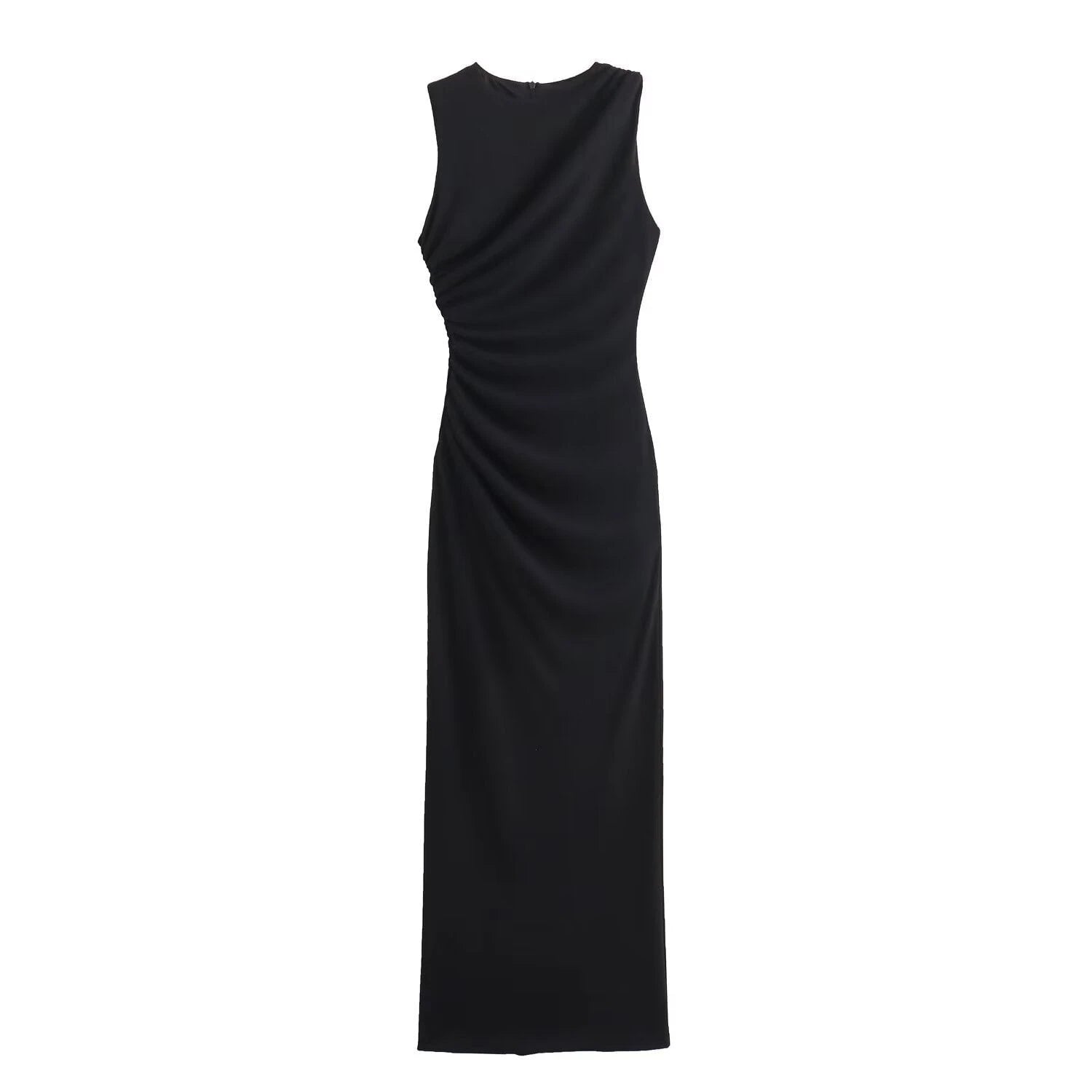 Solid Round Neck Sleeveless Folding Slim Fit Dress