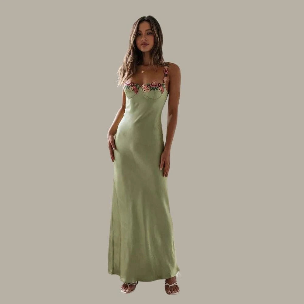 Embroidered Satin Maxi Dress With Flowers for Women
