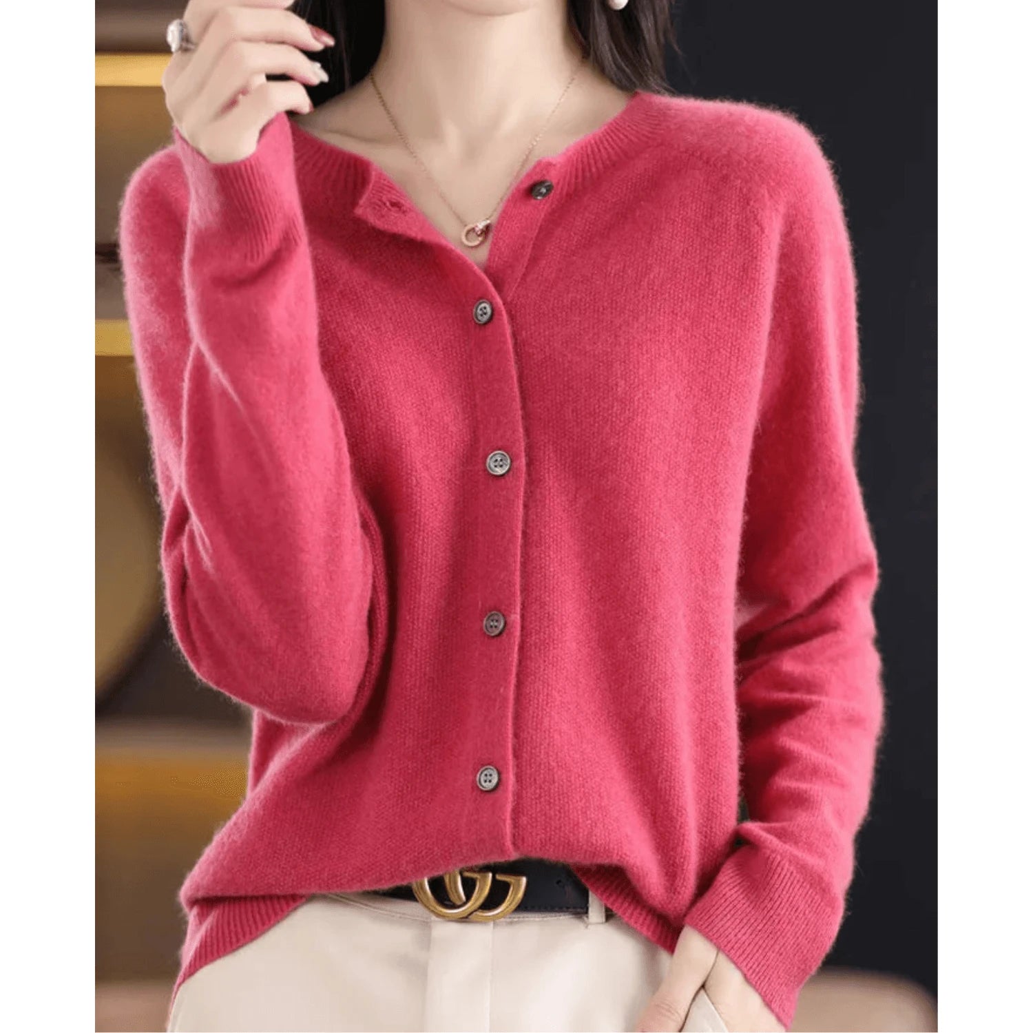 Merino Wool Women's O-neck Cardigan Cashmere Sweater
