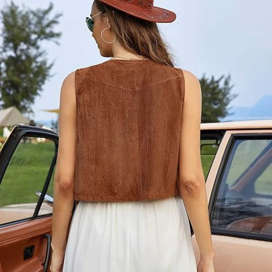 Suede Vest With Fringe and Button Detail