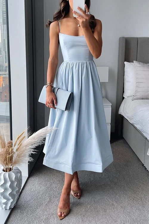Midi Dress in A-line With Spaghetti Straps and Waist