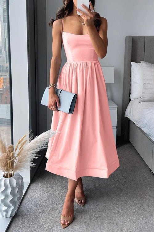 Midi Dress in A-line With Spaghetti Straps and Waist