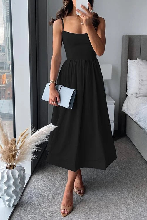 Midi Dress in A-line With Spaghetti Straps and Waist
