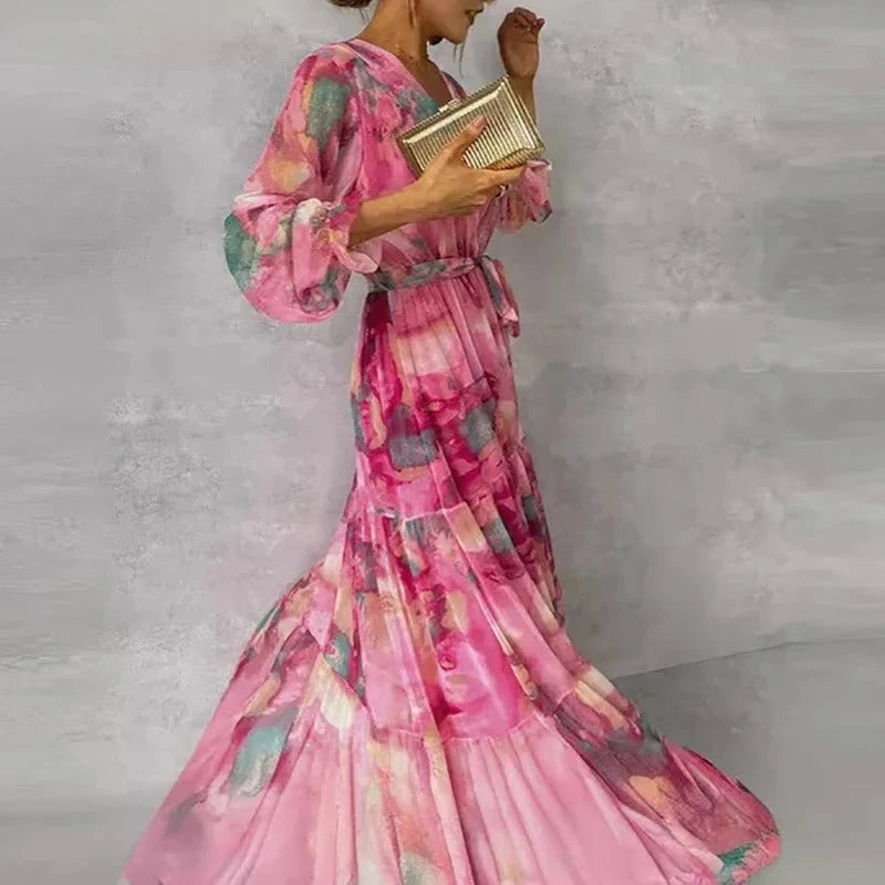 Elegant Long-sleeved Maxi Dress With Floral Pattern