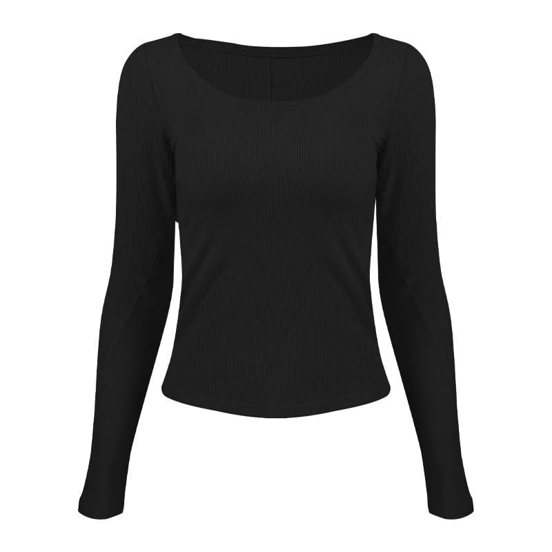 Women's Long Sleeve Ribbed T-Shirt with Wide Neckline and Fitted Cut
