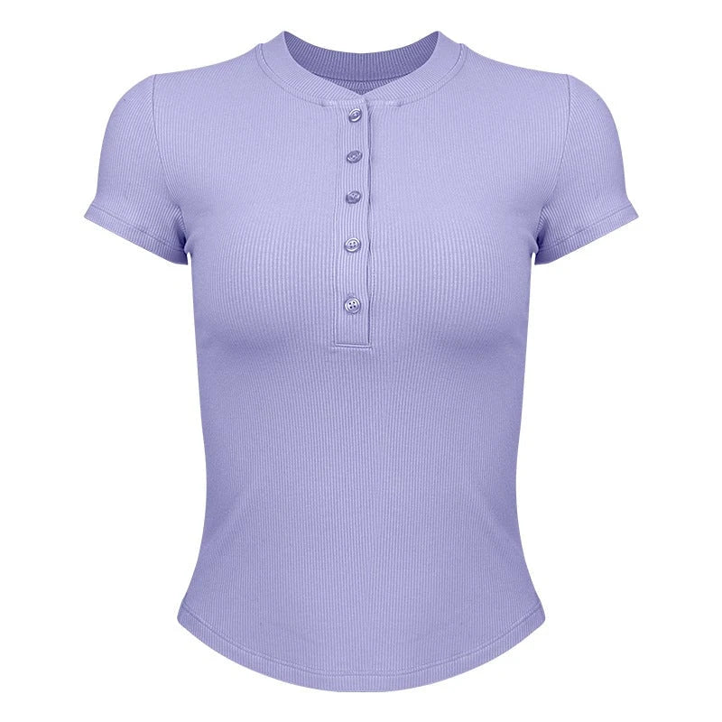 Women's modern short sleeve Henley shirt with button placket and fine rib structure