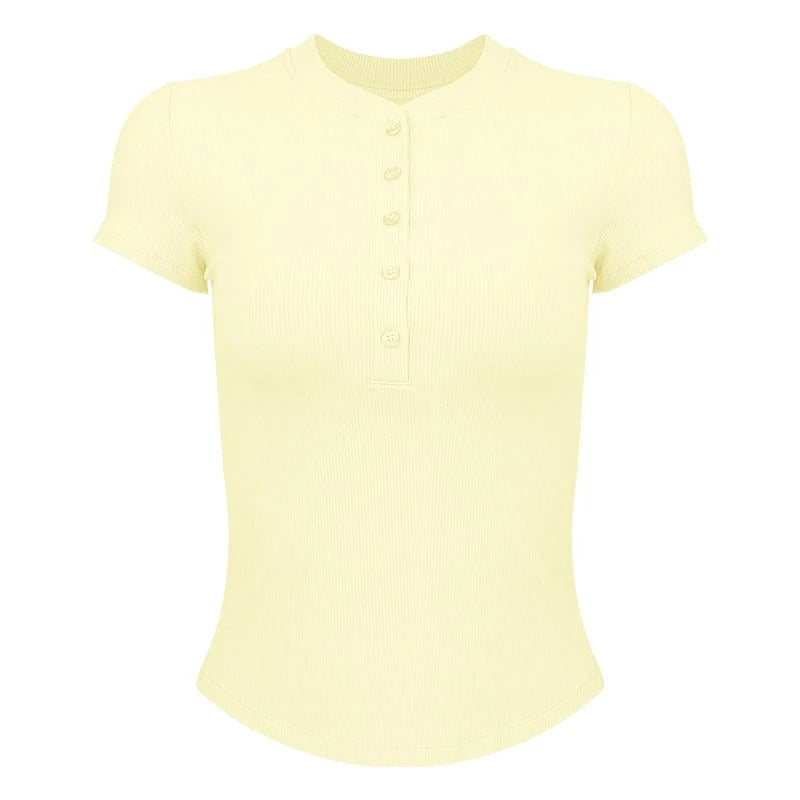 Women's modern short sleeve Henley shirt with button placket and fine rib structure