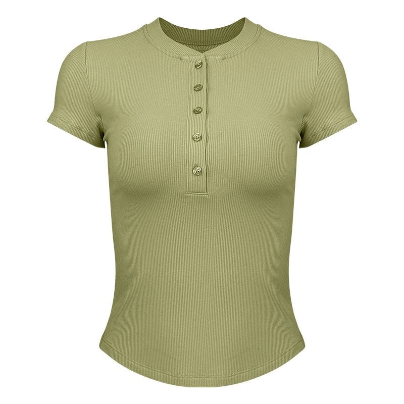 Women's modern short sleeve Henley shirt with button placket and fine rib structure