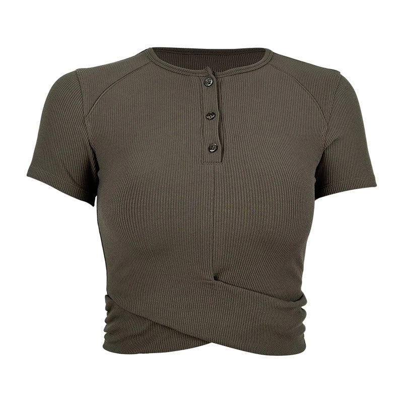 Women's fashionable short-sleeve Henley top with elastic rib design