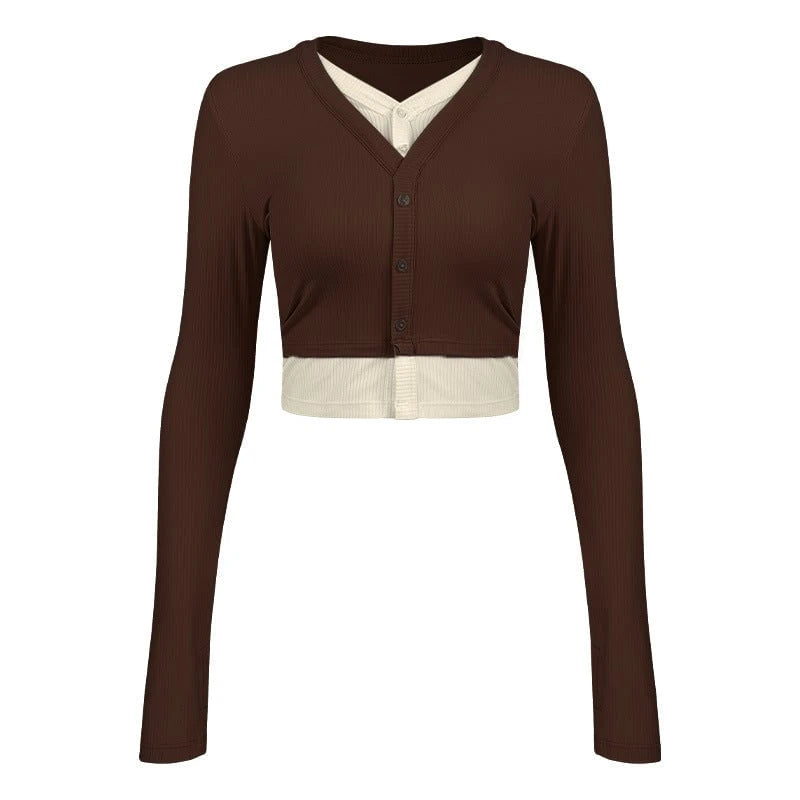 Women's stylish short-sleeved cropped shirt with V-neck and button details