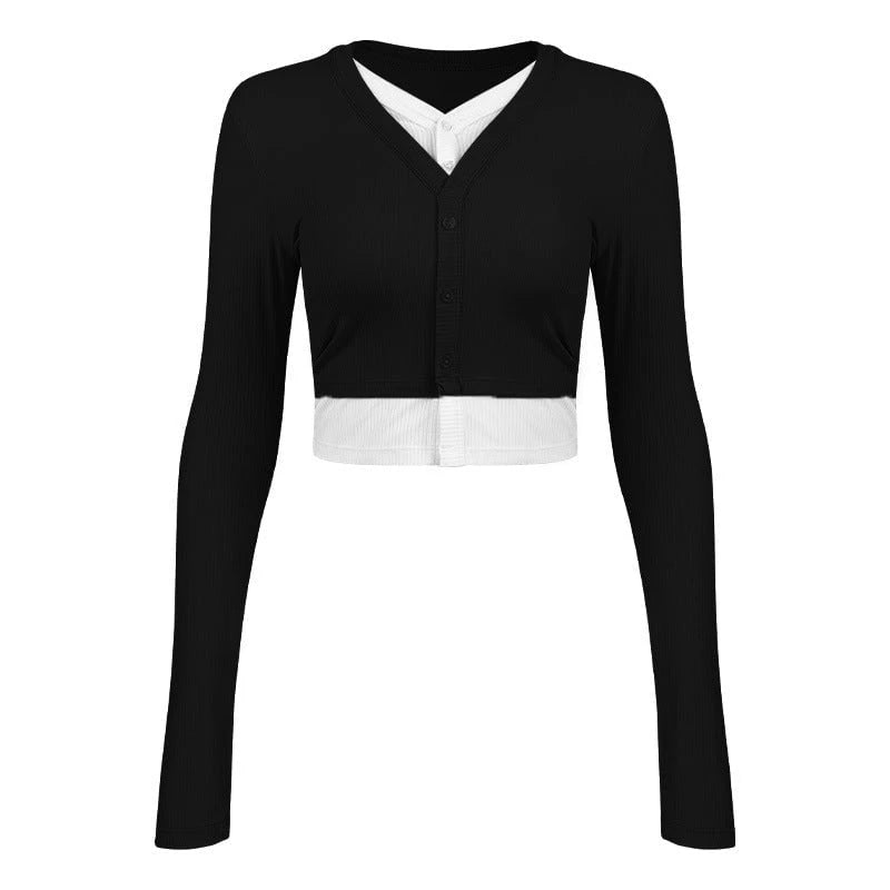 Women's stylish short-sleeved cropped shirt with V-neck and button details