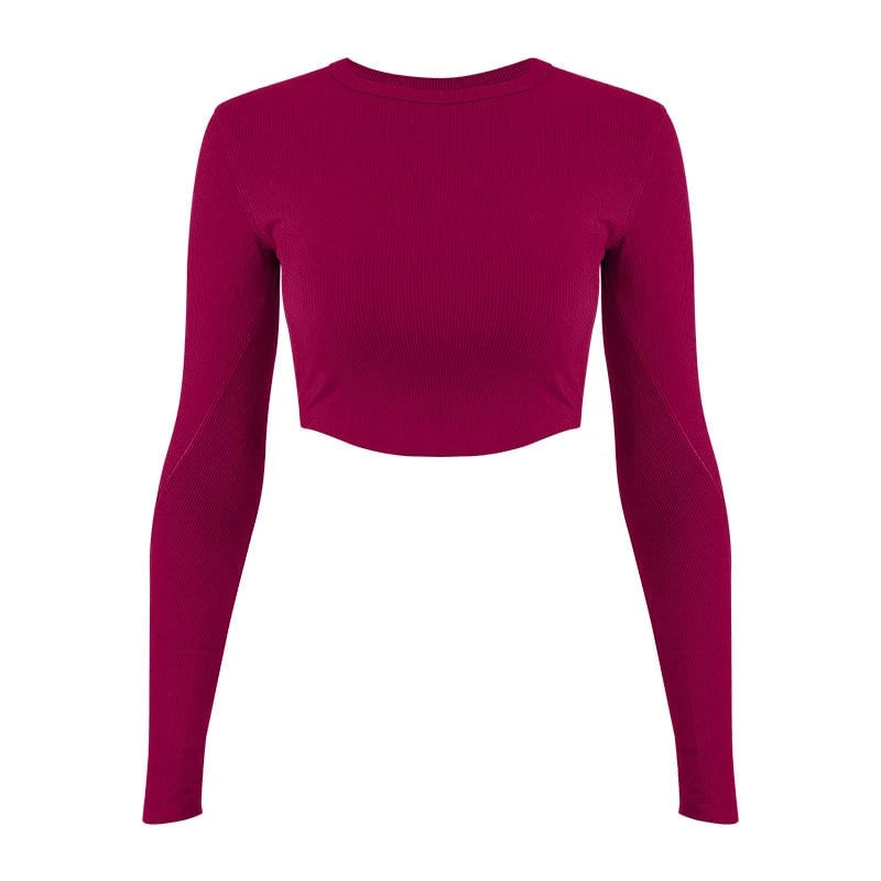 Women's stylish long sleeve crop top made of elastic ribbed material with round neckline