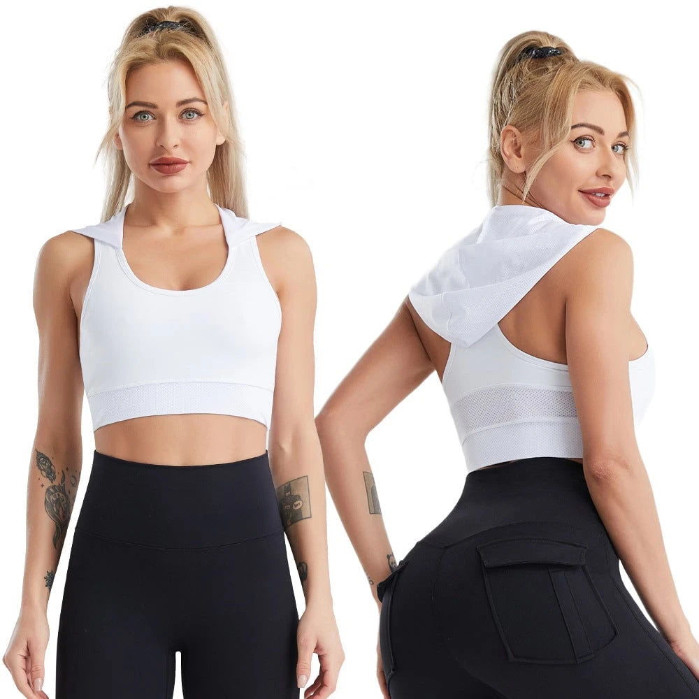 Women's sports bra with hood and breathable mesh