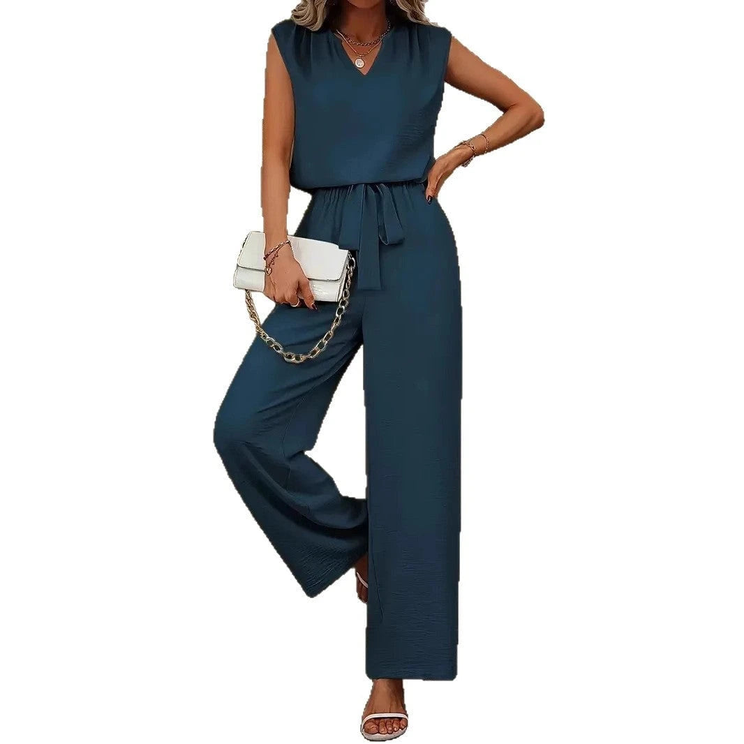 Women's Elegant Jumpsuit with V-Neck and Waist Knot