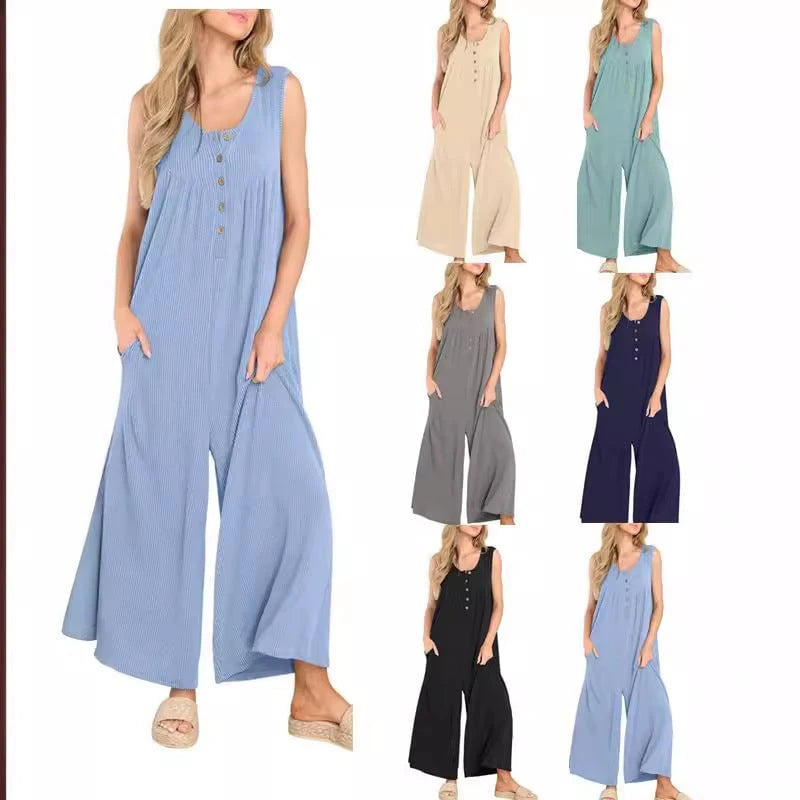 Women's Casual Jumpsuit with Button Details and Side Pockets