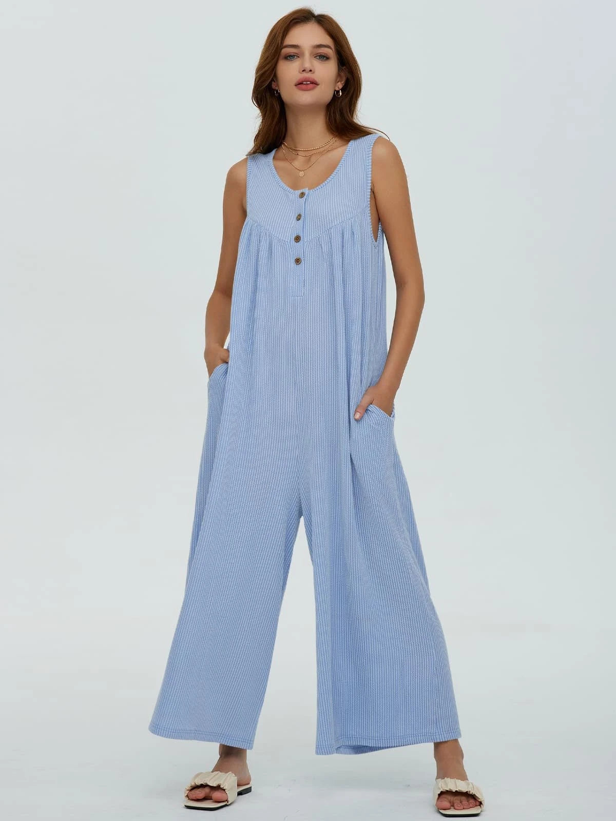 Women's Casual Jumpsuit with Button Details and Side Pockets