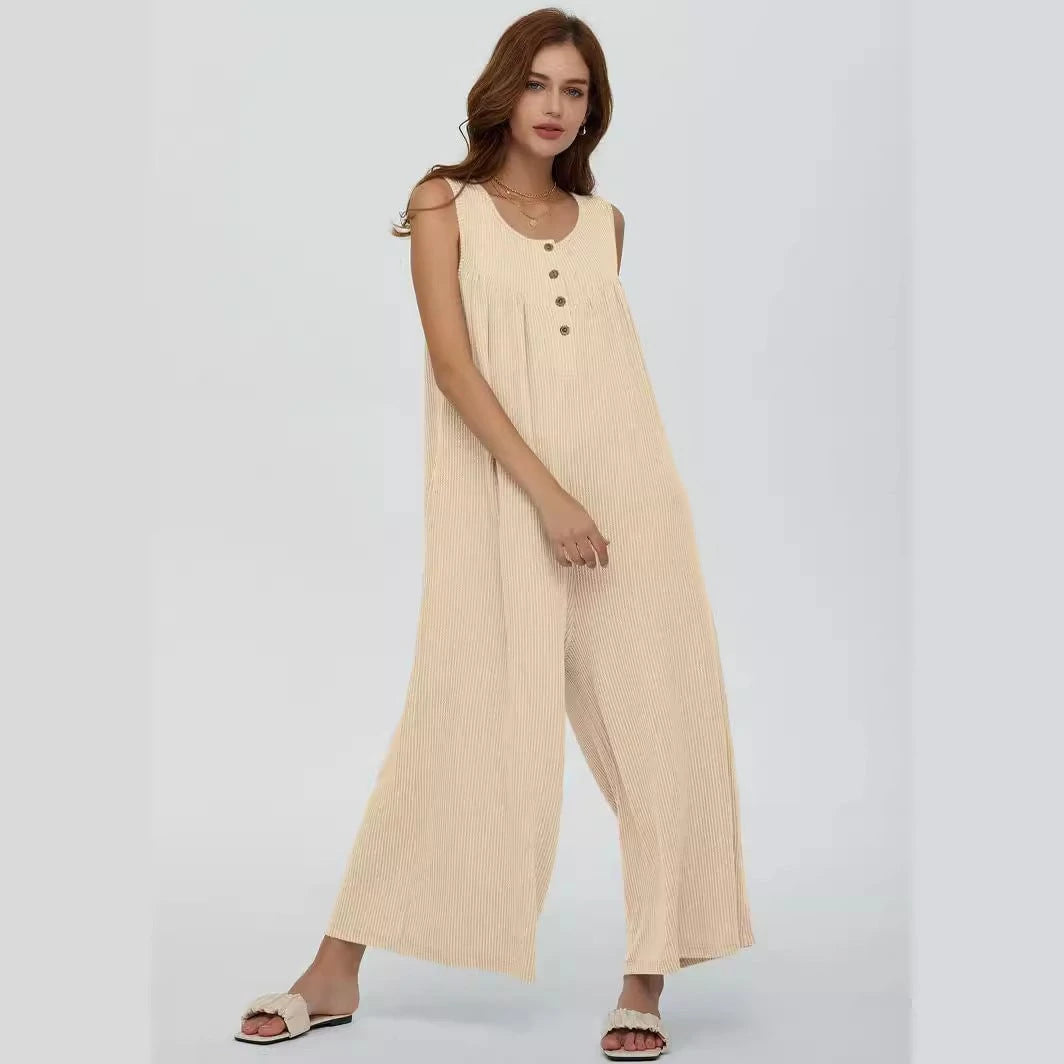 Women's Casual Jumpsuit with Button Details and Side Pockets