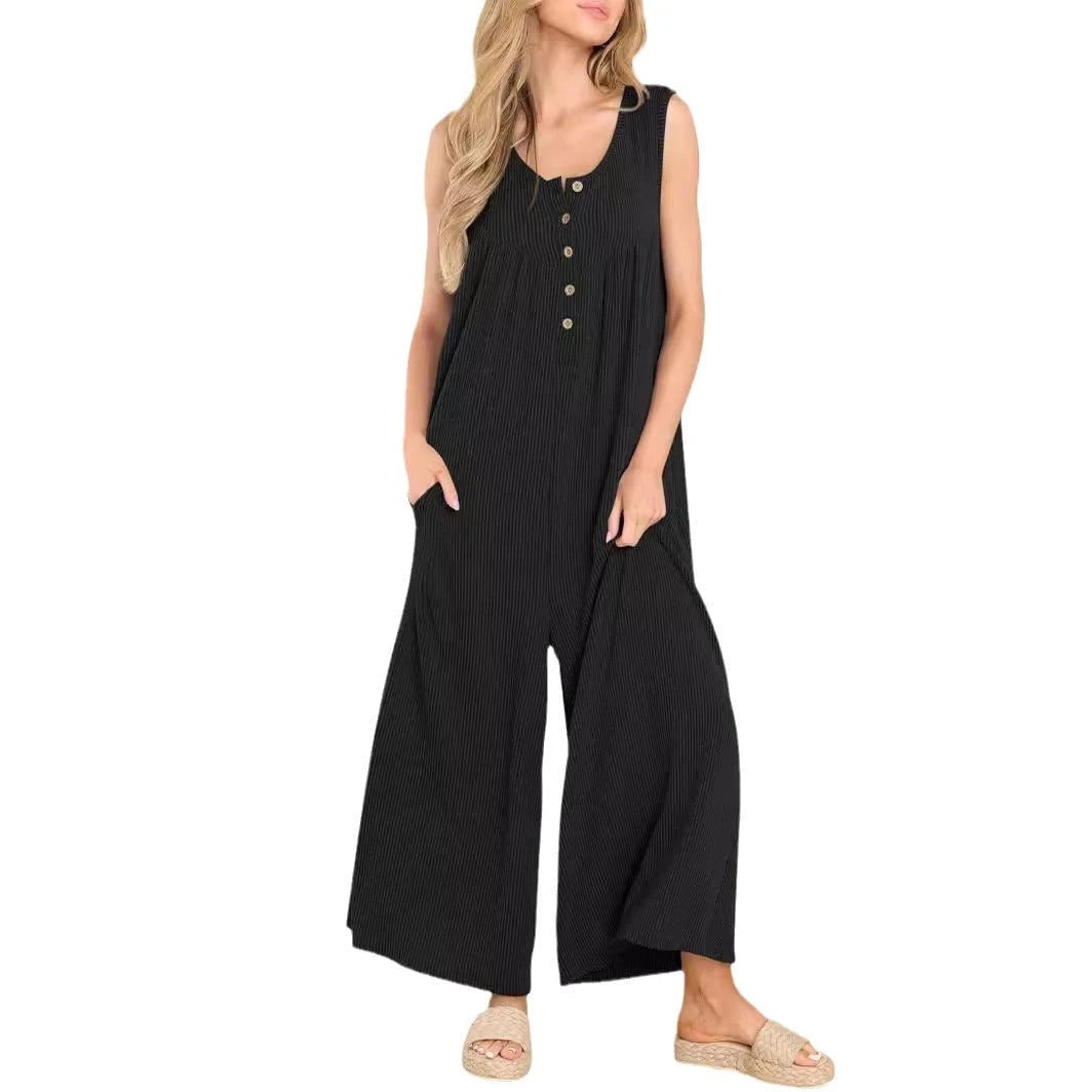 Women's Casual Jumpsuit with Button Details and Side Pockets