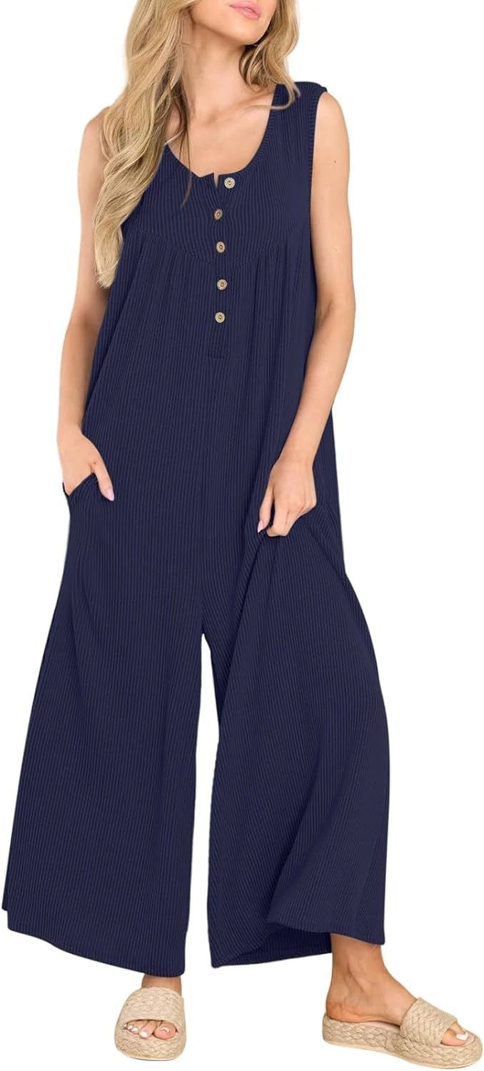 Women's Casual Jumpsuit with Button Details and Side Pockets