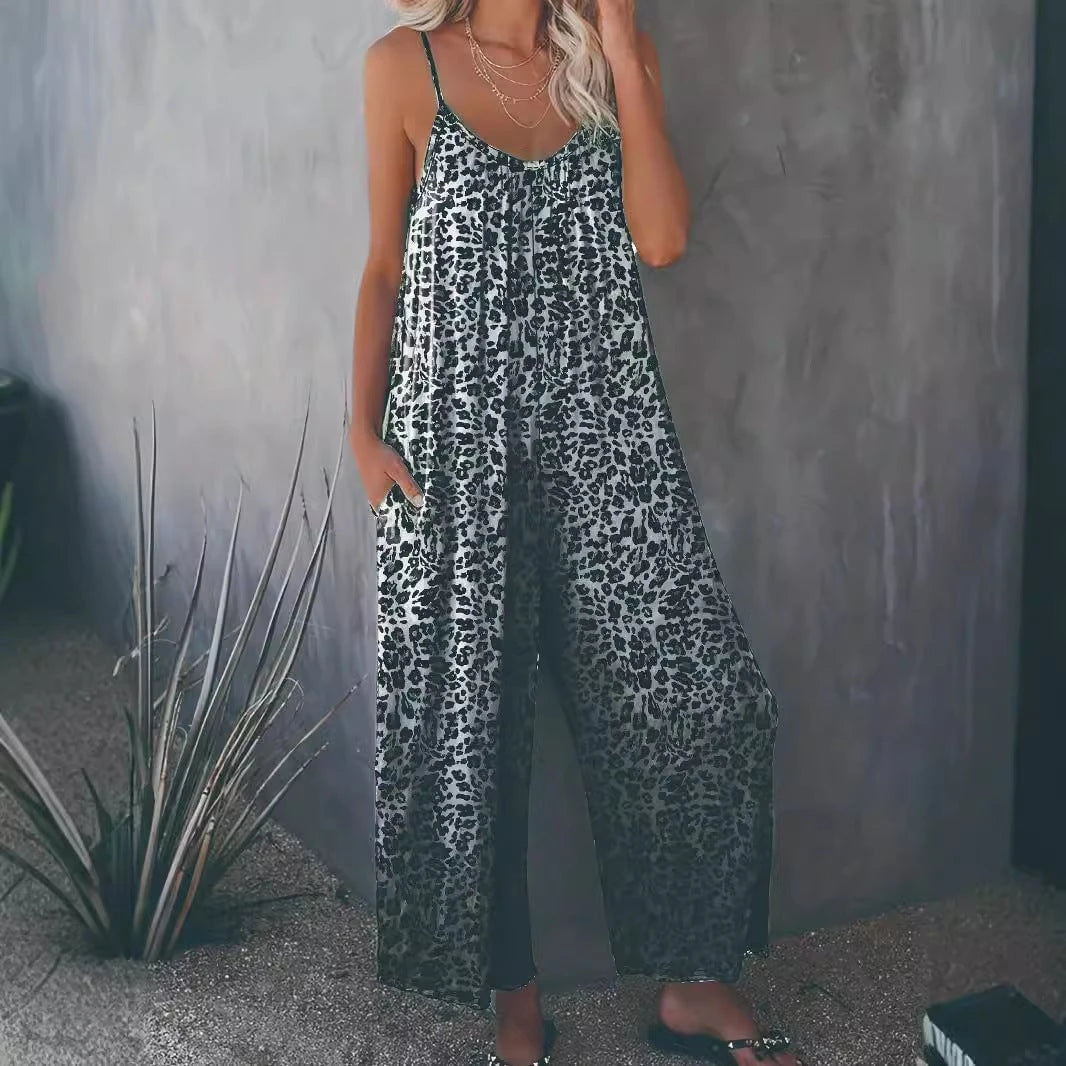 Women's Loose Jumpsuit with Animal Print and Practical Pockets