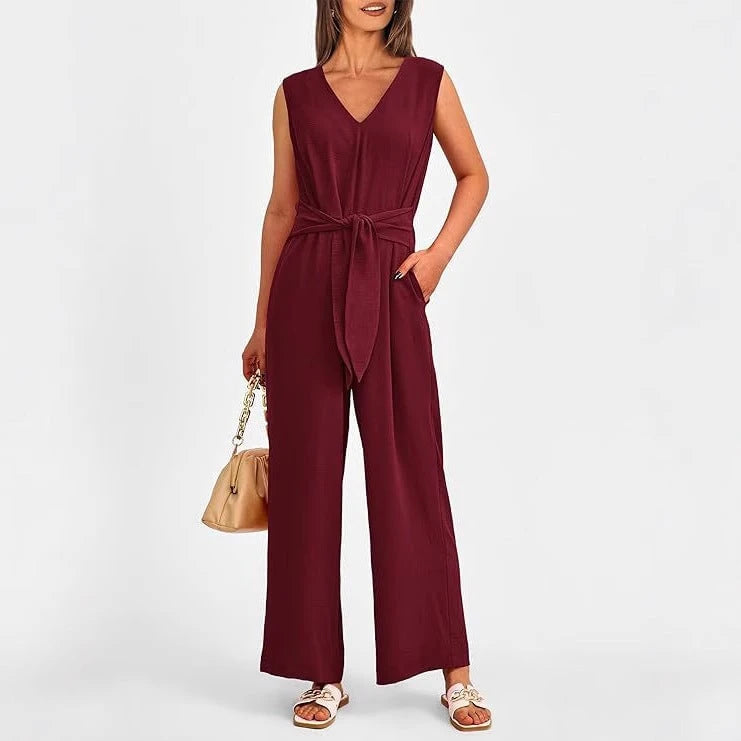 Women's Elegant Jumpsuit with V-Neck and Tailored Tie Belt