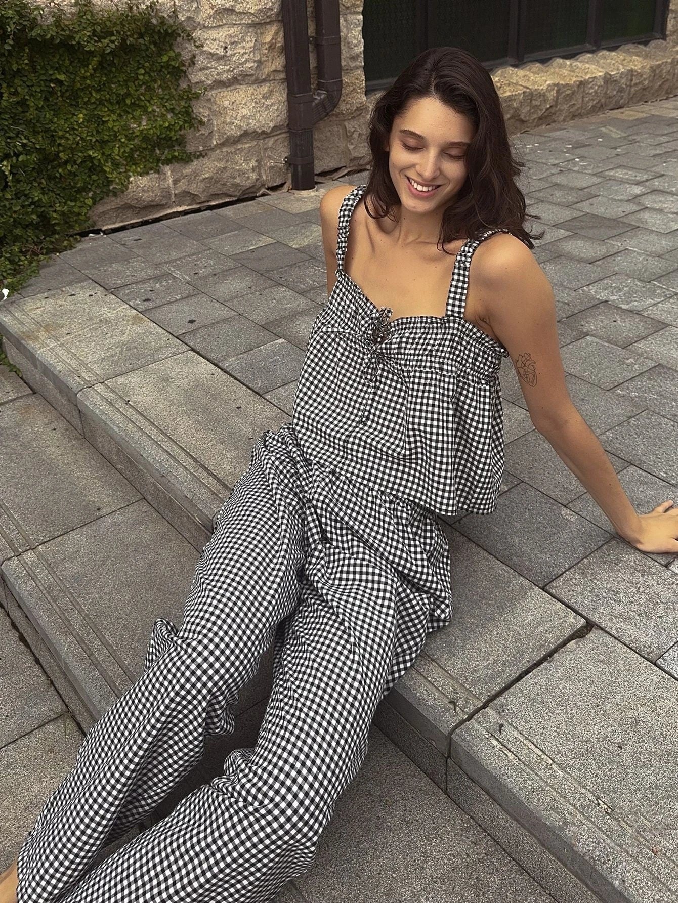 Women's Flowing Summer Jumpsuit with Checkered Pattern and Adjustable Straps