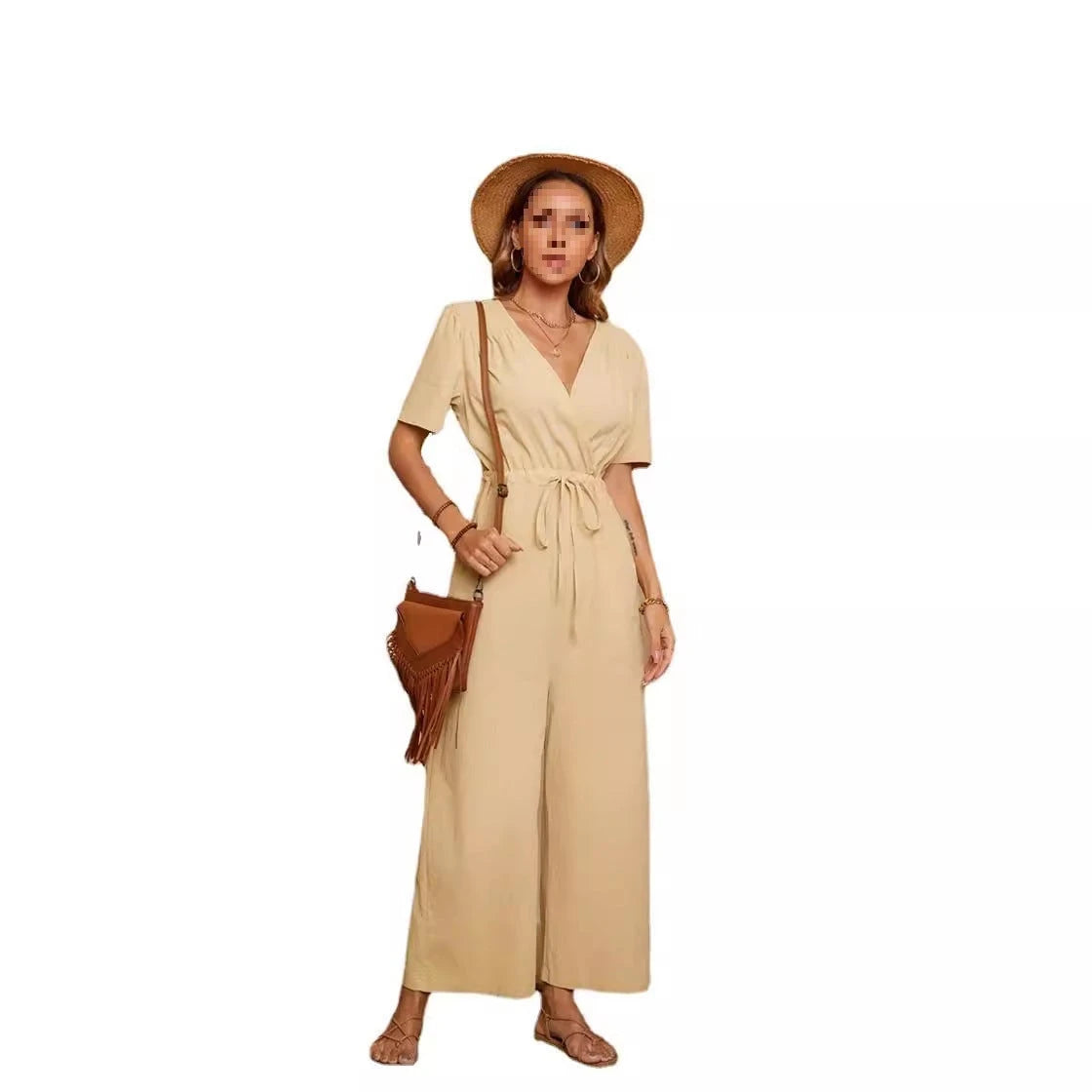 Women's Casual Jumpsuit with High Waist and Practical Pockets