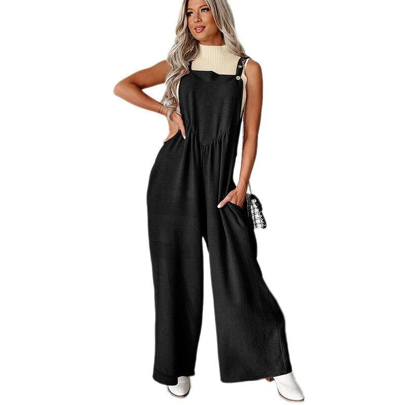 Women’s casual jumpsuit with wide cut legs and decorative button details
